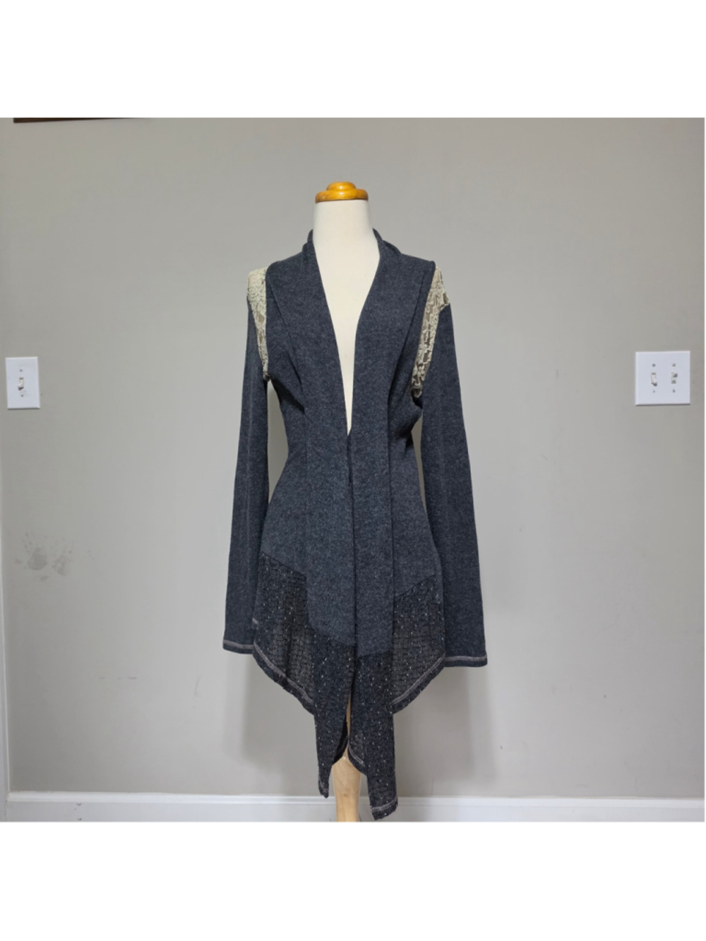 Women's Miss Me Cardigan Sweater Size S Grey Beige Lace Detail